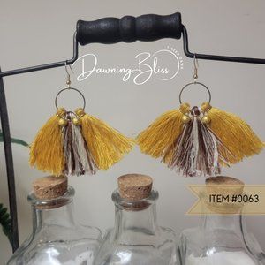 Fall Fringe Dangle Hoop Earrings- Gold Brown Yellow Bead- Tineka Dawn